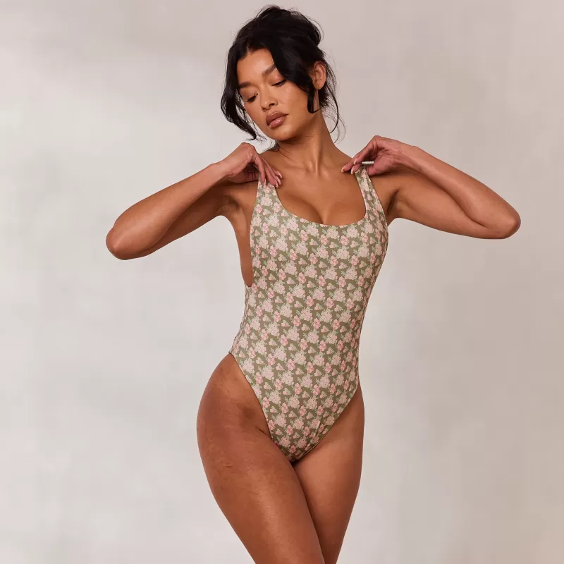 Sale Lounge Underwear Doppelseitiger Badeanzug mit hohem Beinausschnitt - Grün/Floral Grün/Floral